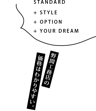 STANDARD + STYLE + OPTION + YOUR DREAM 野間工務店の価格はわかりやすい。